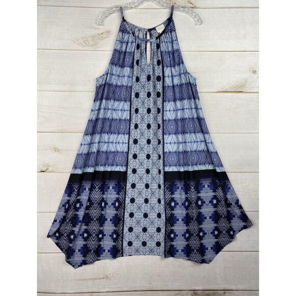 Chicos Dress Sz 3 US XL 16 Blue Patchwork Jersey Knit A Line Midi Keyhole Cruise - Picture 1 of 8